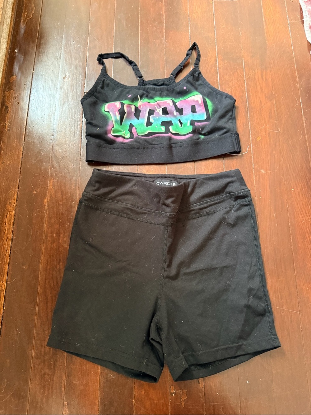 Black Two-Piece Workout Set with Colorful 'WAP' Graphic Top